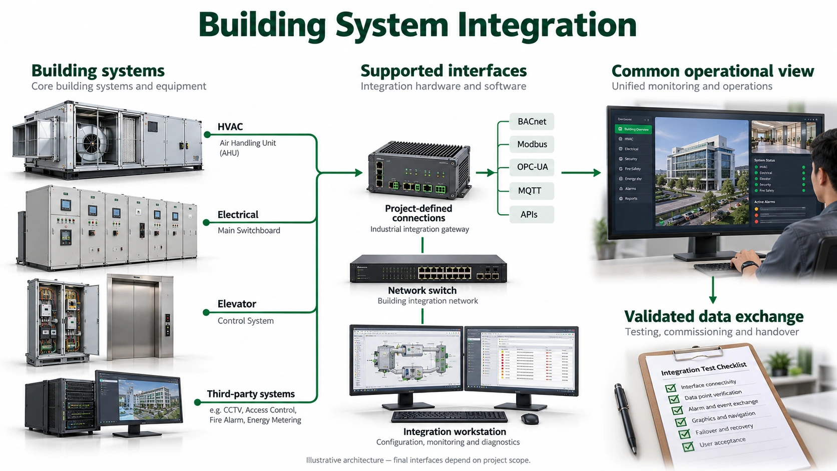 Supported interfaces exchange agreed points through the integration layer. Testing confirms data, events and required system interactions.