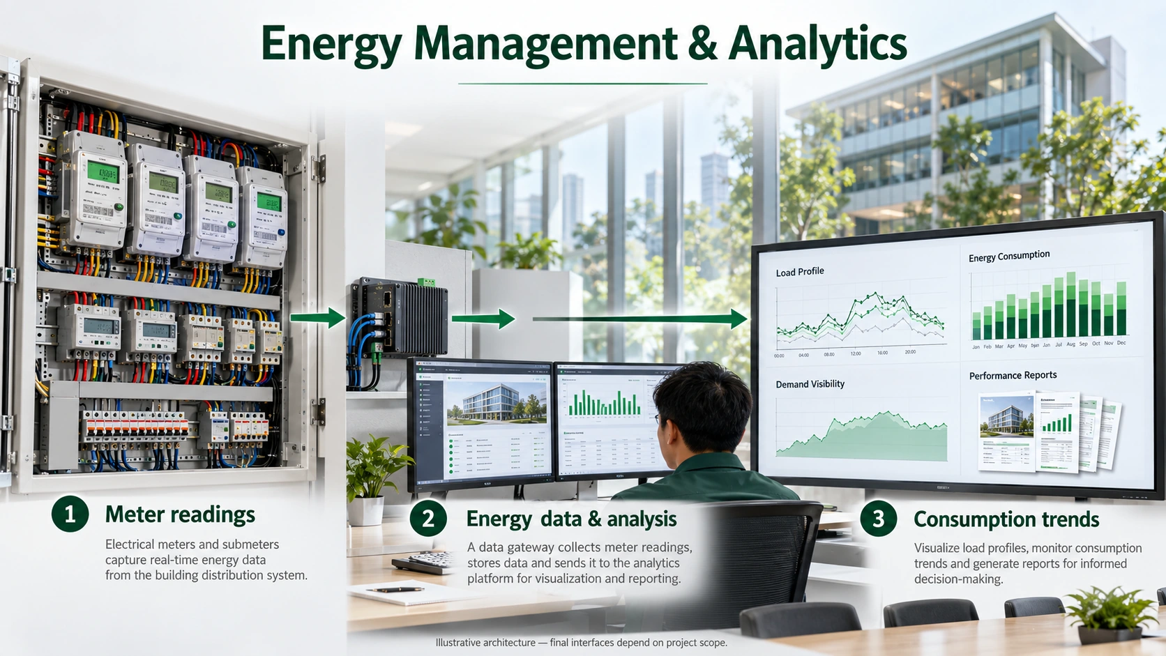 Meter data is organized with time and building context. Teams inspect consumption patterns, demand and performance reports.