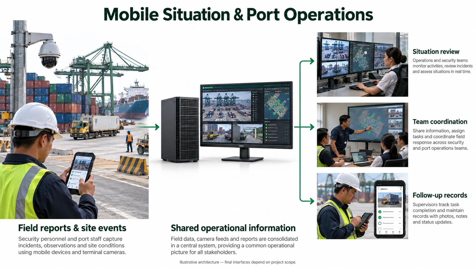 Relevant field and terminal information supports a shared operational picture. Mobile and port workflows are scoped separately for each project.